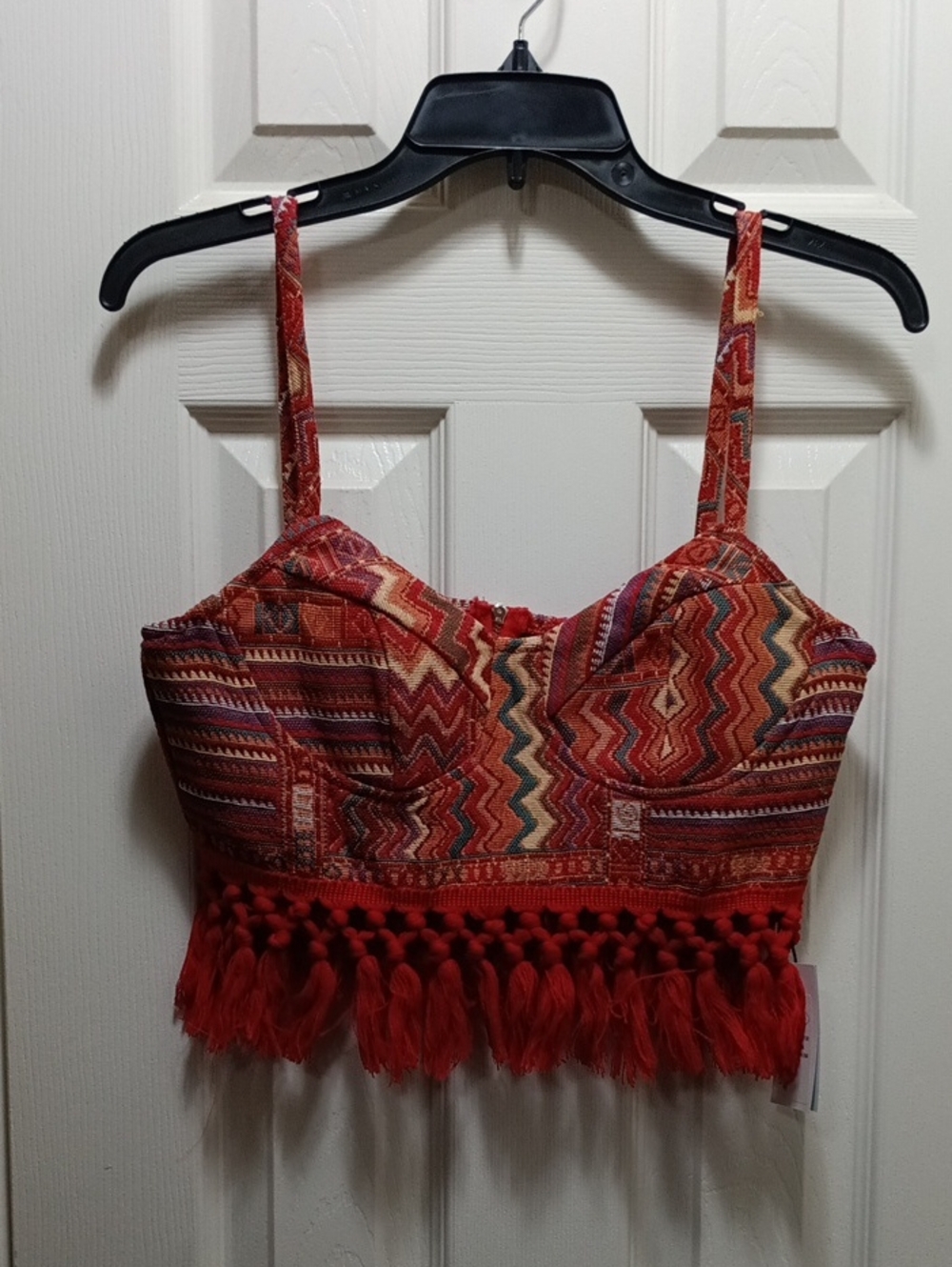 Cider Red Patterned Tassel Crop Top